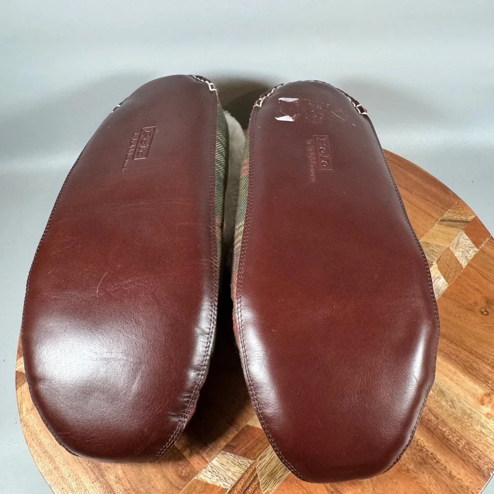 Polo Ralph Lauren Yarmond Green Plaid Shearling Lined Leather Sole Slippers 10